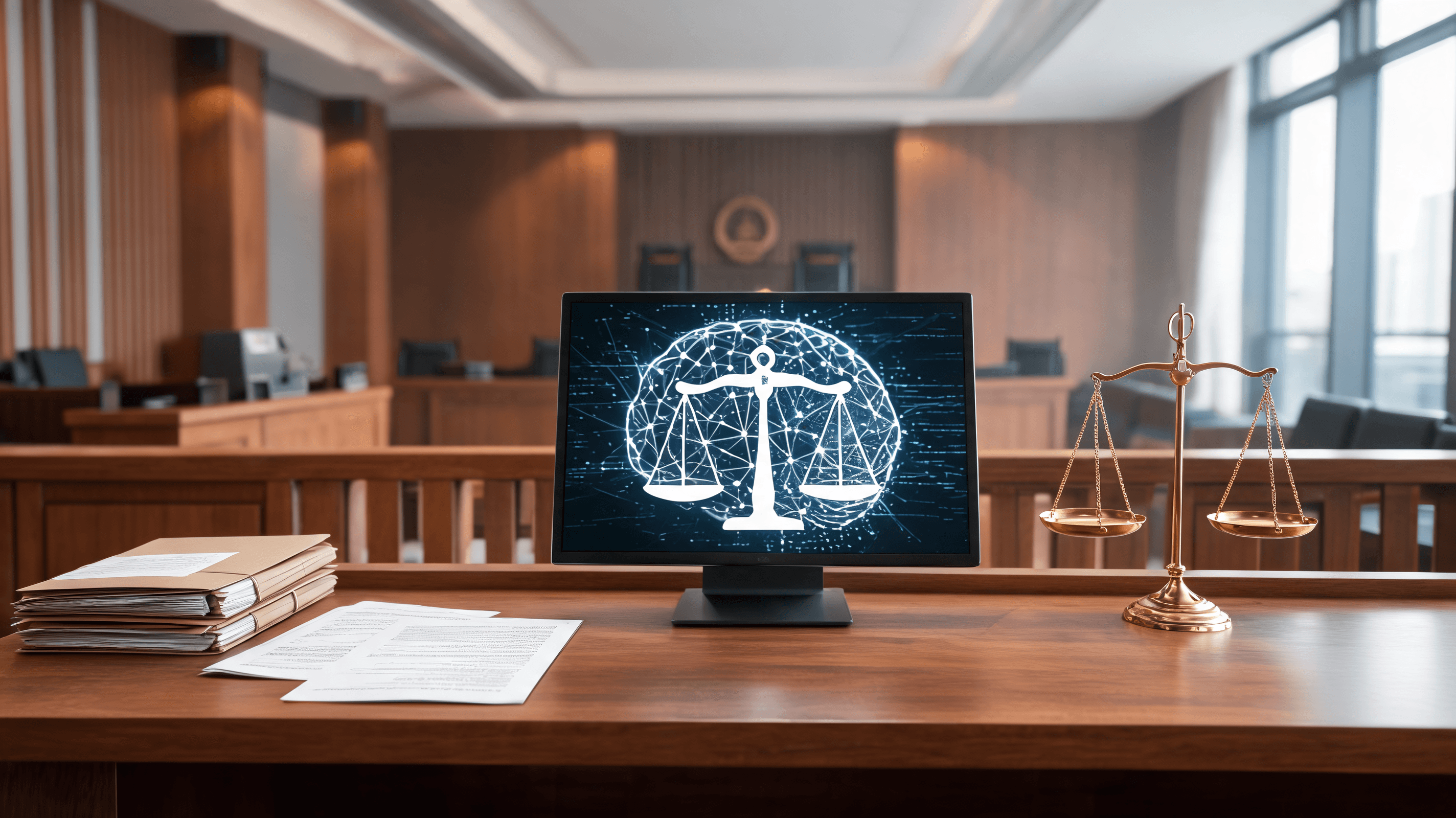 A courtroom scene showing documents and digital displays with symbols of artificial intelligence and