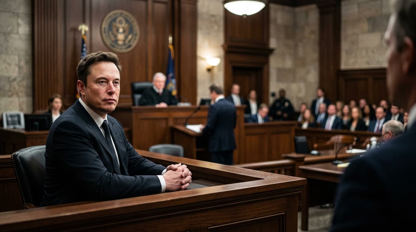 A courtroom scene featuring Elon Musk sitting in a witness stand, with high-tension lighting and a b