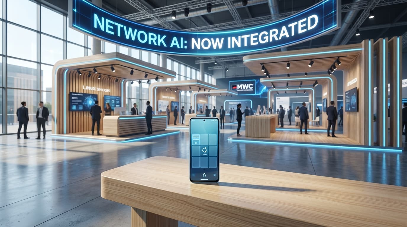 A wide shot of a futuristic exhibition hall at MWC 2026. A sleek wooden stand displays a Jolla phone