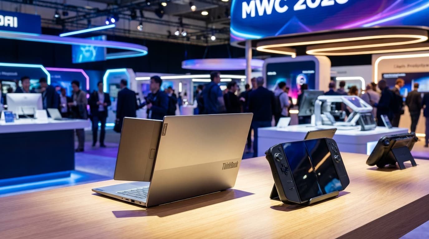 A brightly lit showroom floor at MWC 2026. In the foreground, a Lenovo ThinkBook with a second scree