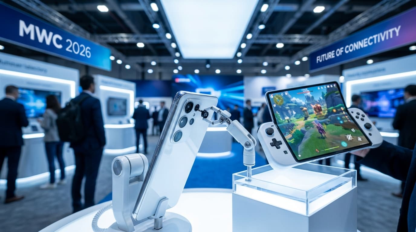 A brightly lit exhibit floor at MWC 2026 featuring a sleek white robot phone with a small mechanical