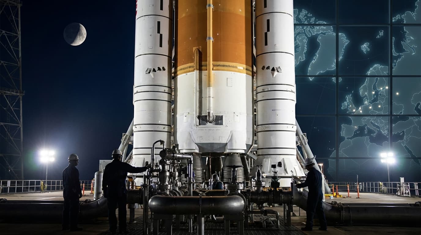 The SLS rocket standing on a launchpad at night under a waning moon. Technicians are seen working on