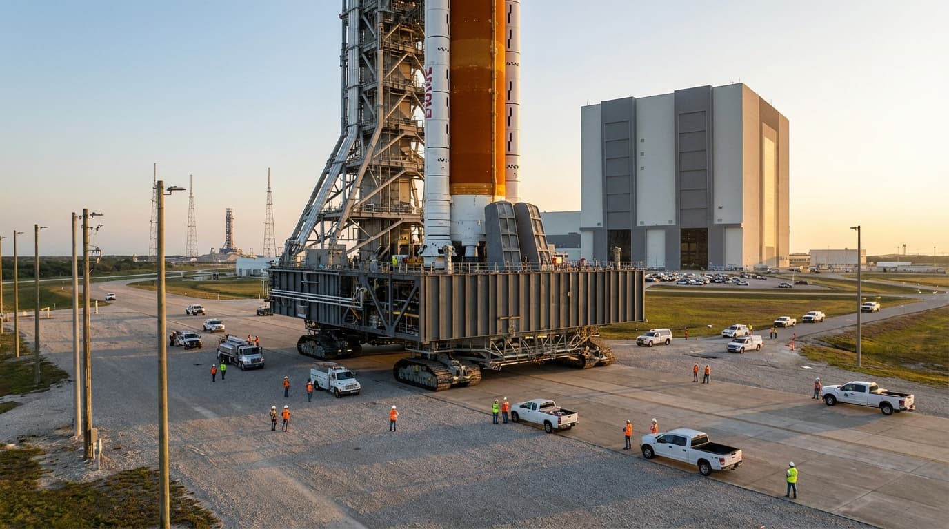 A massive SLS rocket on a mobile launcher platform being slowly moved across the Kennedy Space Cente