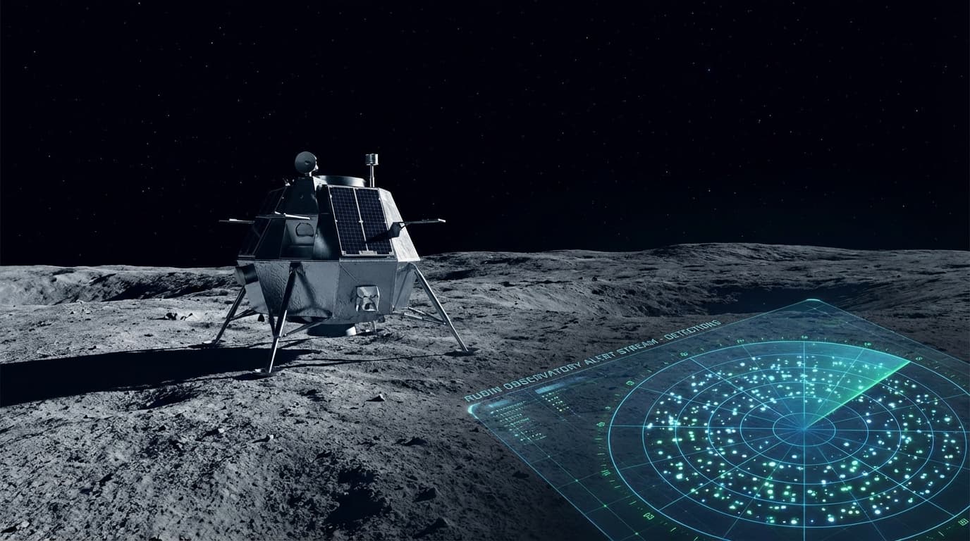 A high-contrast scene of a futuristic lunar module standing on the gray dusty surface of the Moon un