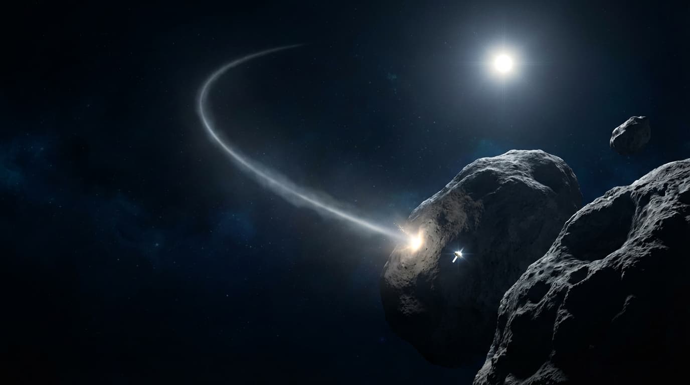 A cinematic view of an asteroid system in deep space with a subtle, glowing trail showing a slight c