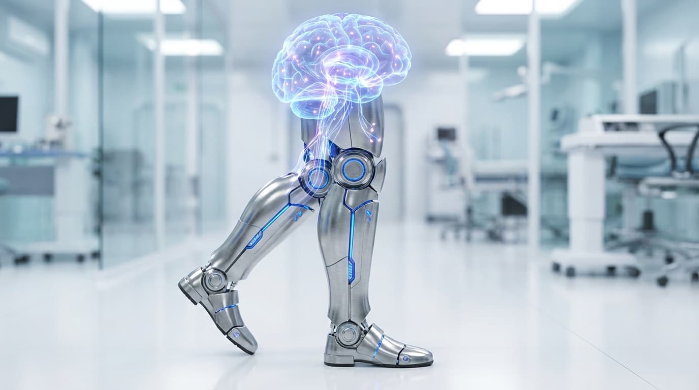 A close-up shot of a modern, sleek robotic exoskeleton leg taking a step on a sterile medical facili