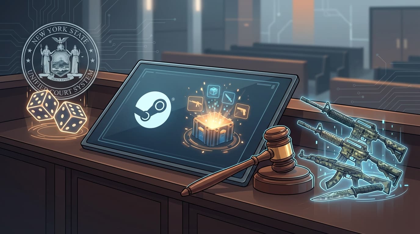 A courtroom scene with a digital display showing the Steam logo and a 'loot box' opening animation.