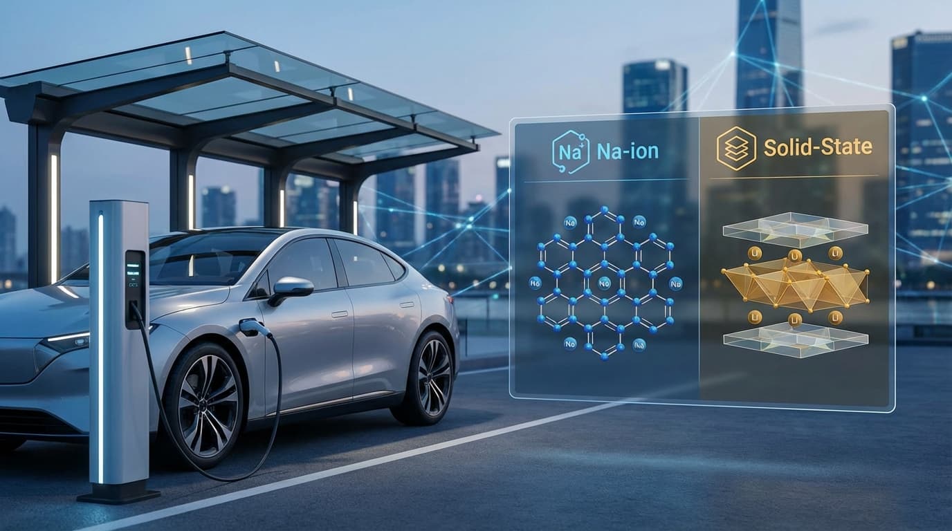 A modern electric car charging at a sleek station with a split screen showing the chemical structure