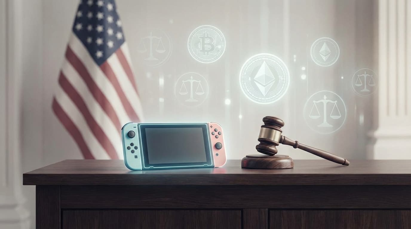 A courtroom scene where a stylized Nintendo Switch console sits on a wooden legal desk next to a jud