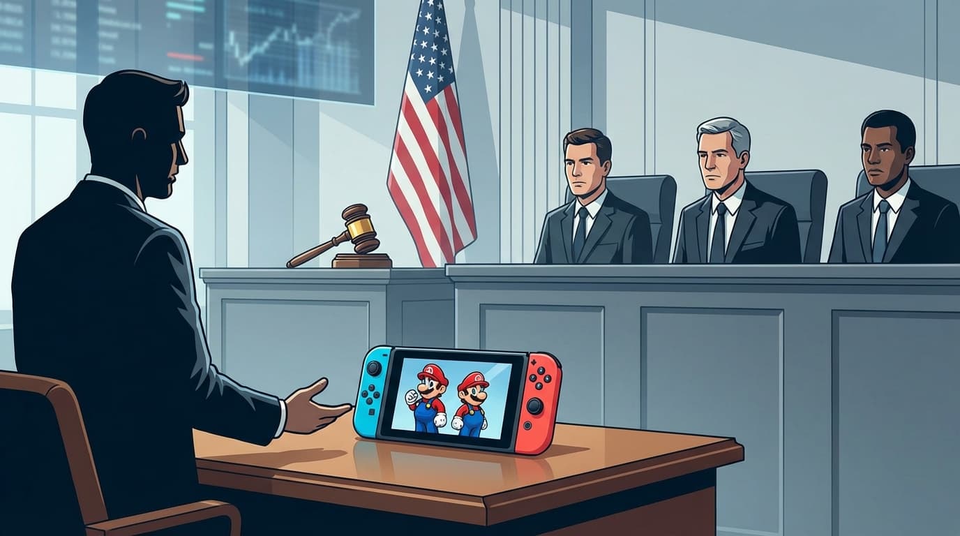 A courtroom scene where a lawyer is presenting a Mario-themed Nintendo Switch as evidence against a