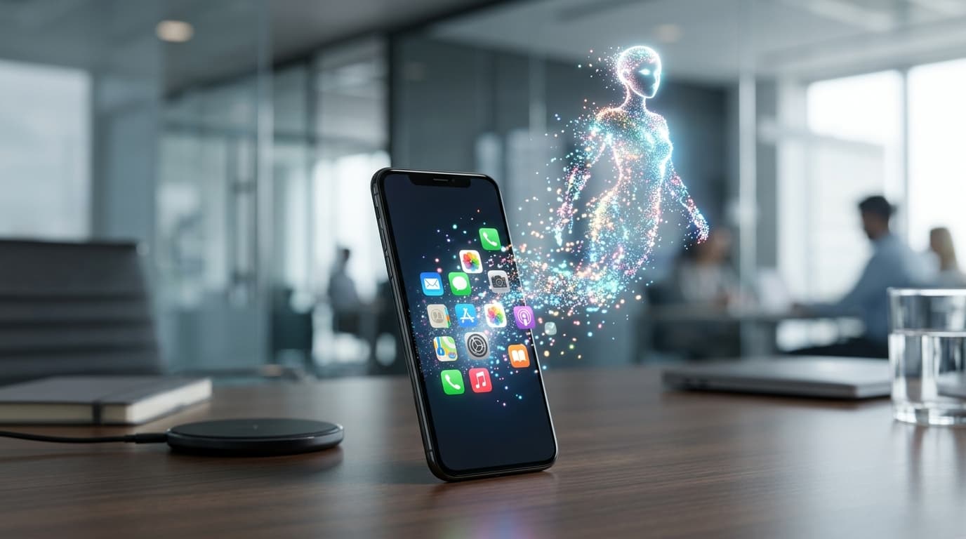 A minimalist and sleek smartphone with a blank, glowing screen where colorful App icons are dissolvi