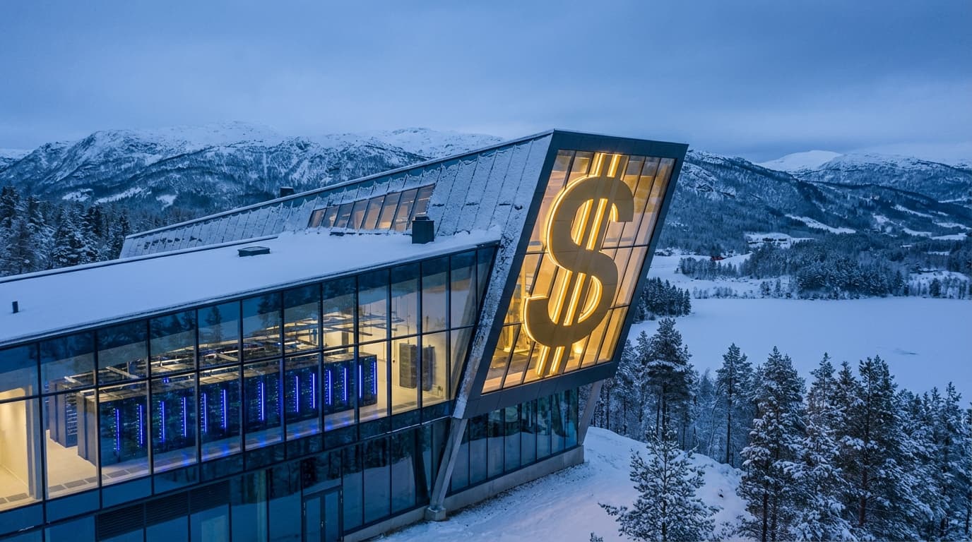 A futuristic data center in a snowy landscape (representing Norway), with glowing blue servers and a