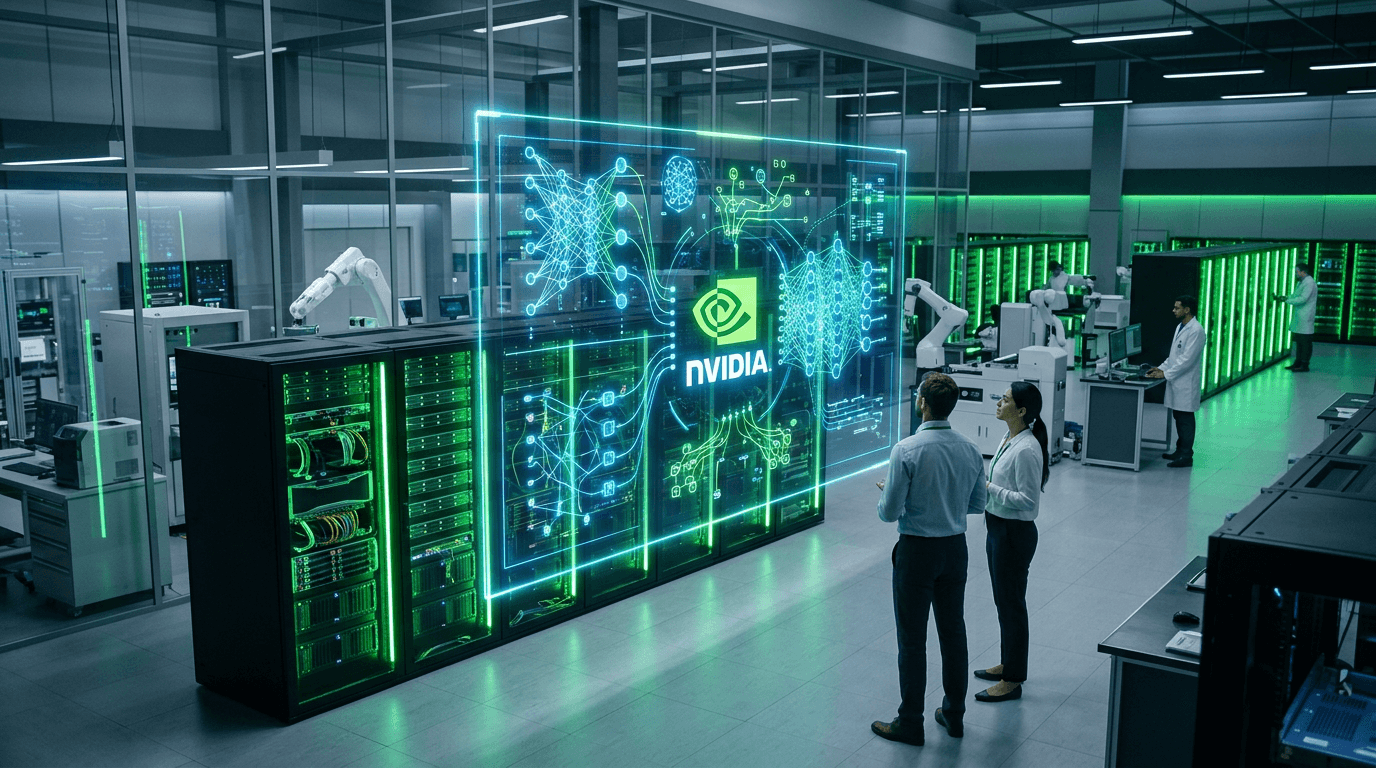 A futuristic semiconductor laboratory with glowing green server racks, with a large transparent holo