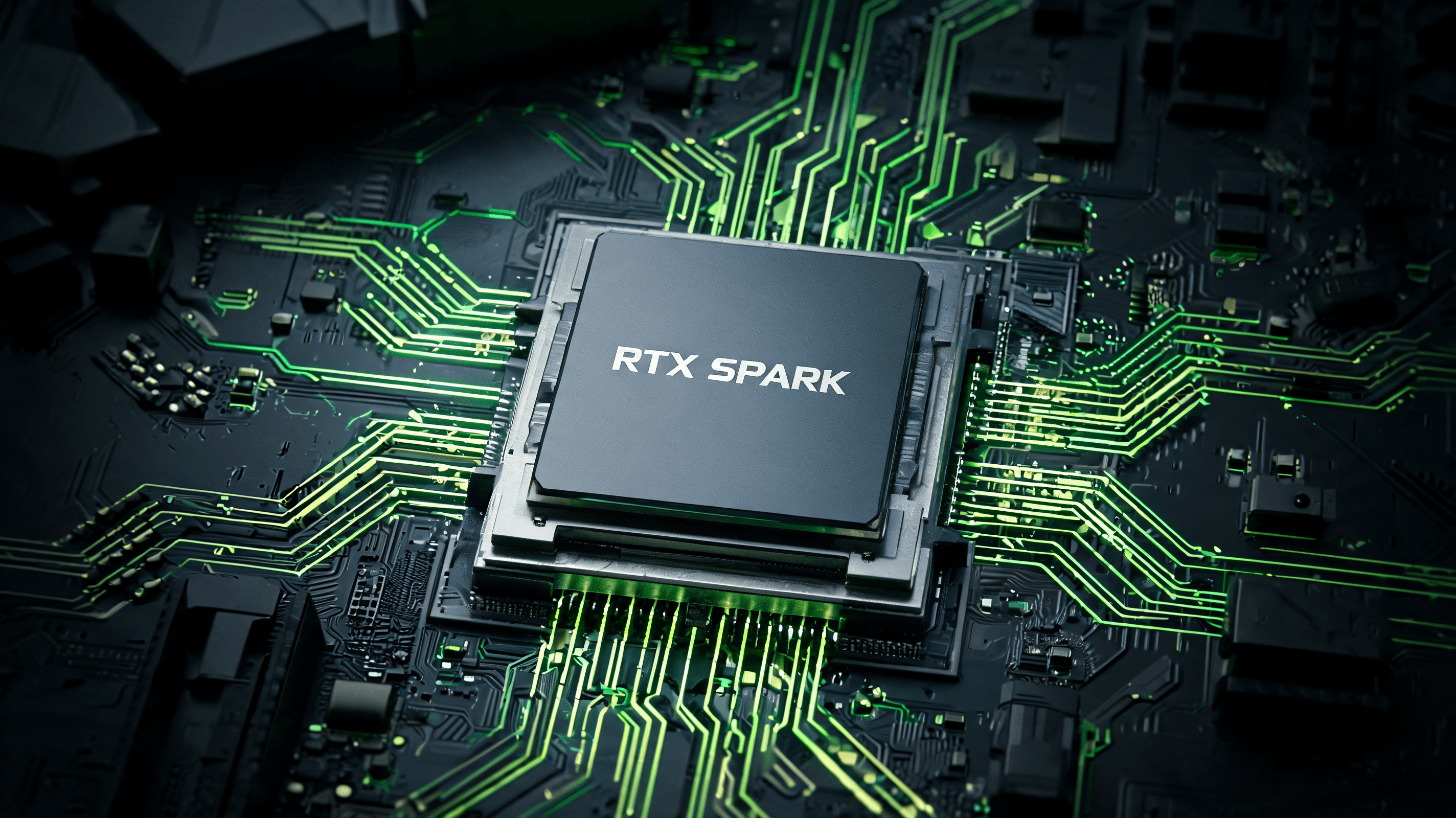 A close-up shot of a high-tech processor chip labeled 'RTX Spark' on a motherboard, surrounded by gl