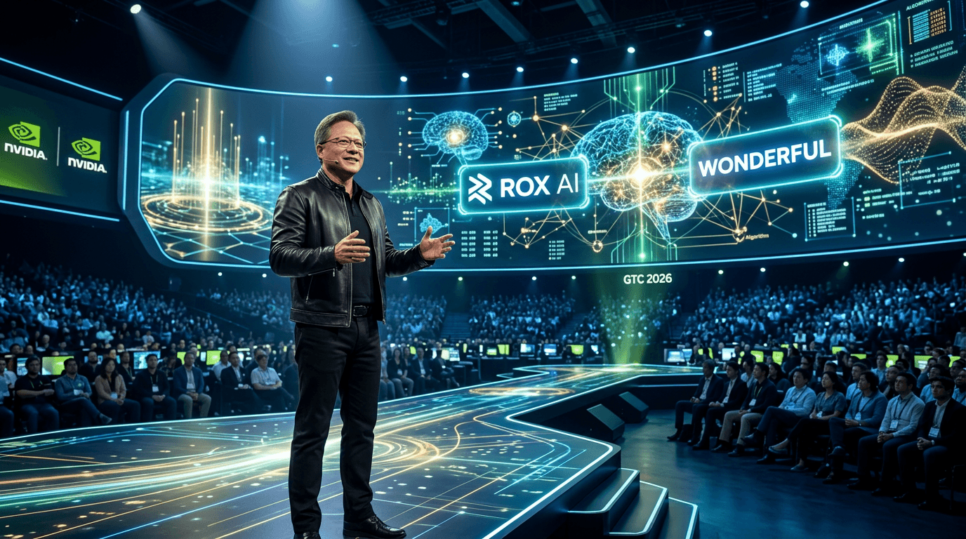 Jensen Huang on a futuristic stage at Nvidia GTC 2026 with holographic AI data visualizations and gl