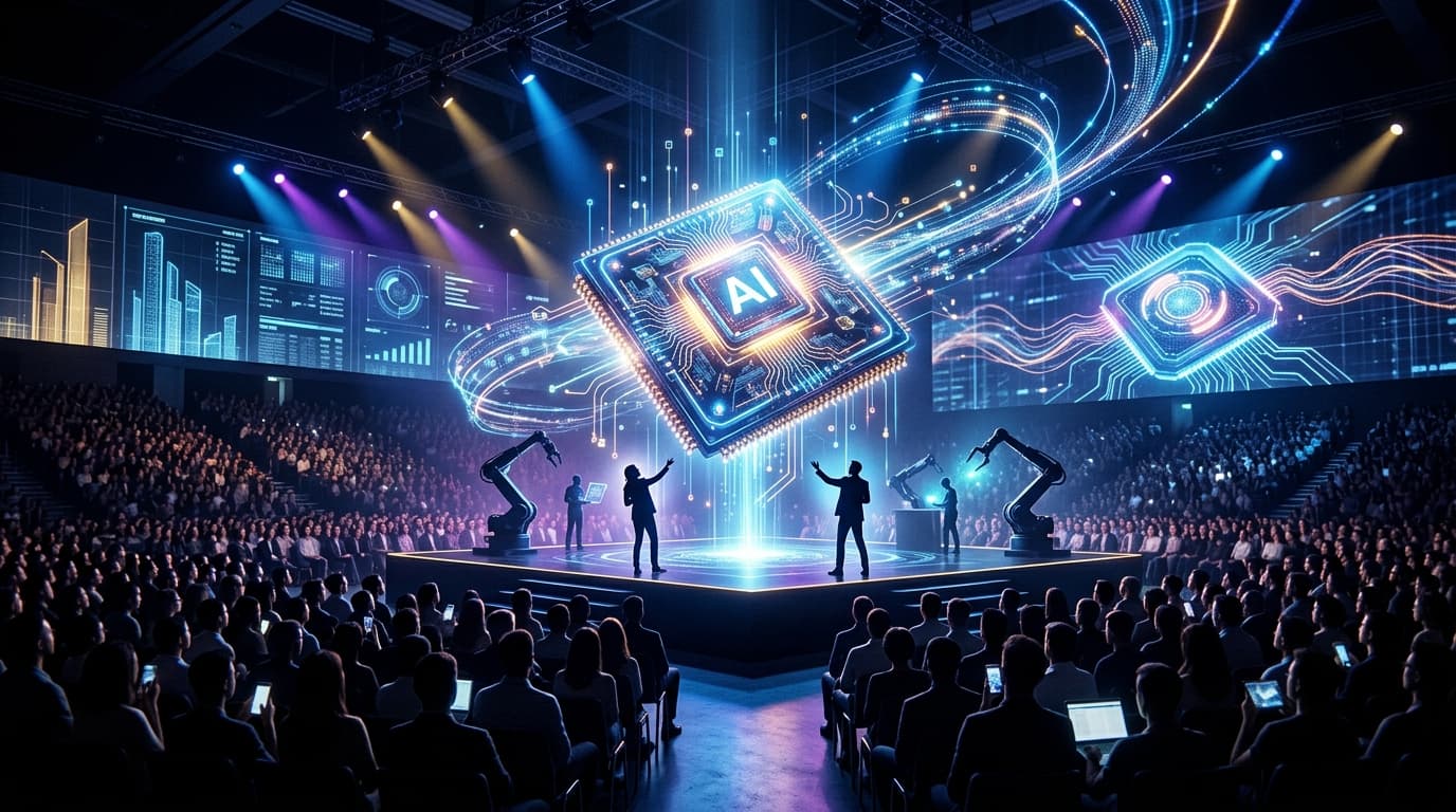 A futuristic keynote stage with a glowing, massive semiconductor chip floating above it, with styliz
