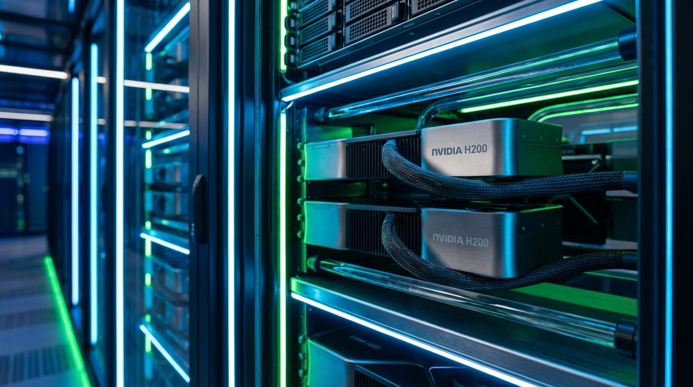 A futuristic data center corridor glowing with neon green and blue lights. Close-up on a high-end se