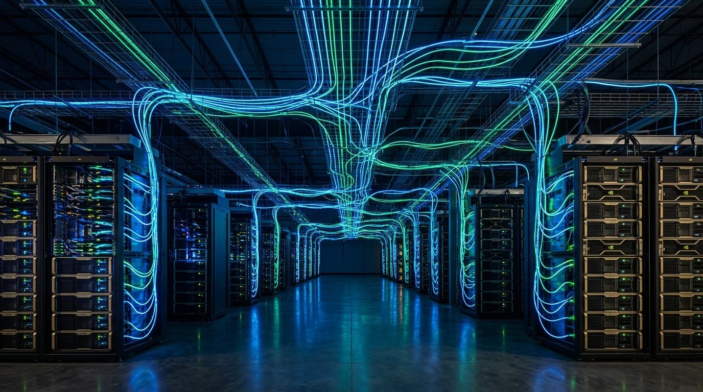 A futuristic visualization of a vast data center glowing with blue and green fiber optic lines, rese