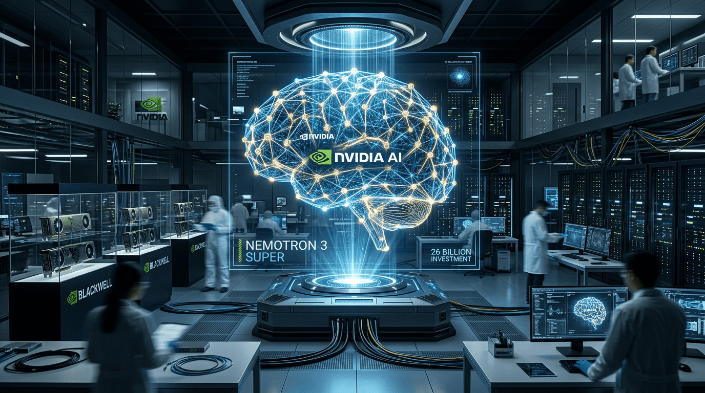 A futuristic semiconductor lab with a massive glowing holographic 3D model of a neural network with