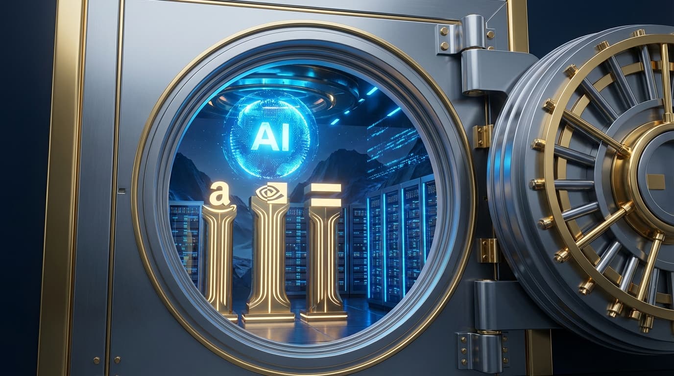 A futuristic vault door opening to reveal a glowing blue AI core surrounded by golden pillars repres