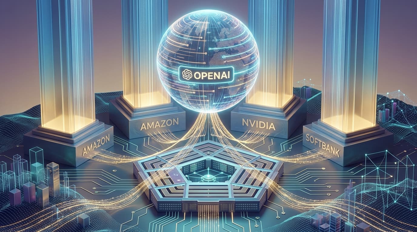 A majestic digital landscape where three massive pillars (labeled Amazon, Nvidia, and SoftBank) supp