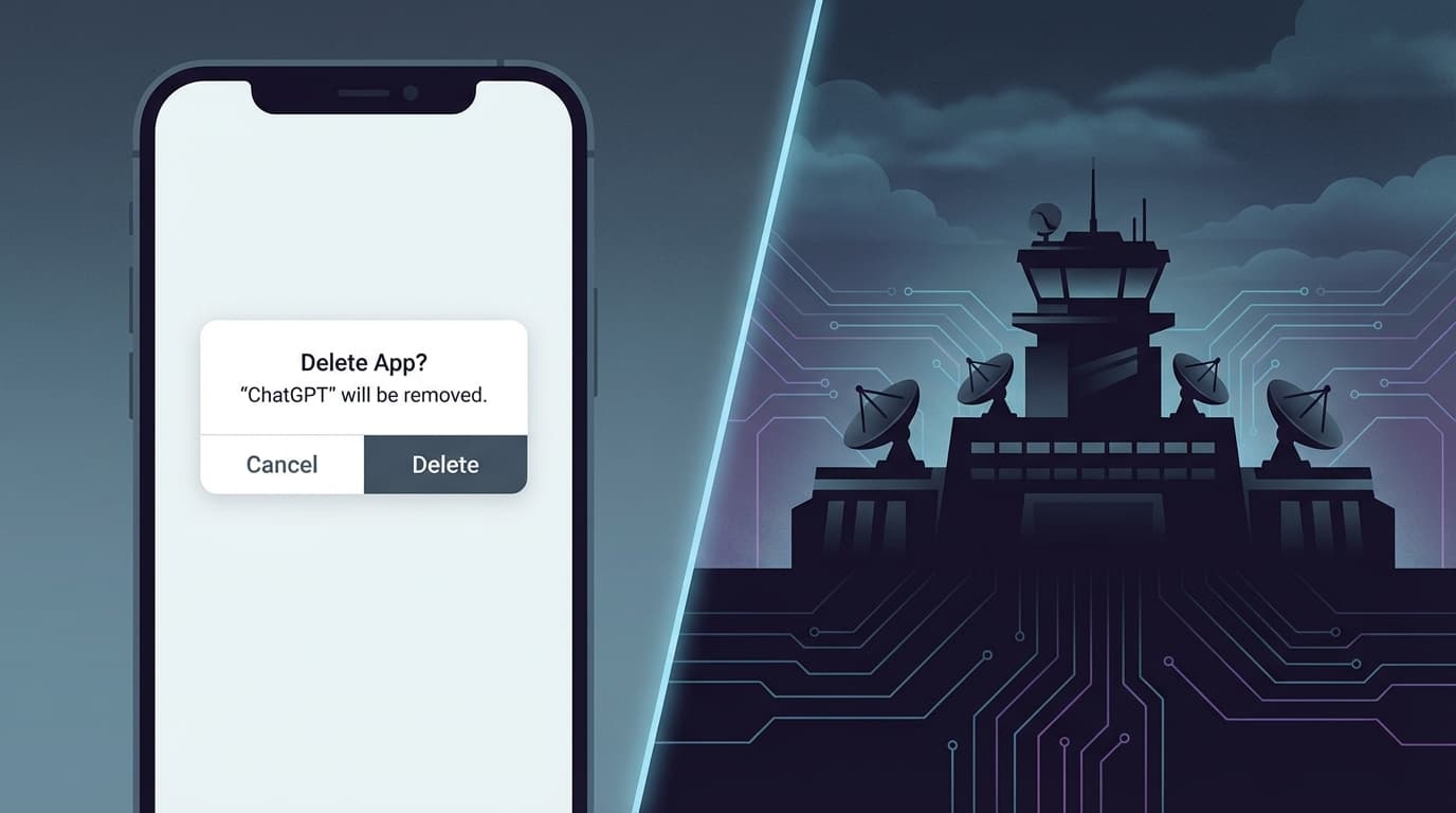 A split-screen illustration: on one side, a clean minimalist smartphone showing a 'Delete App' confi