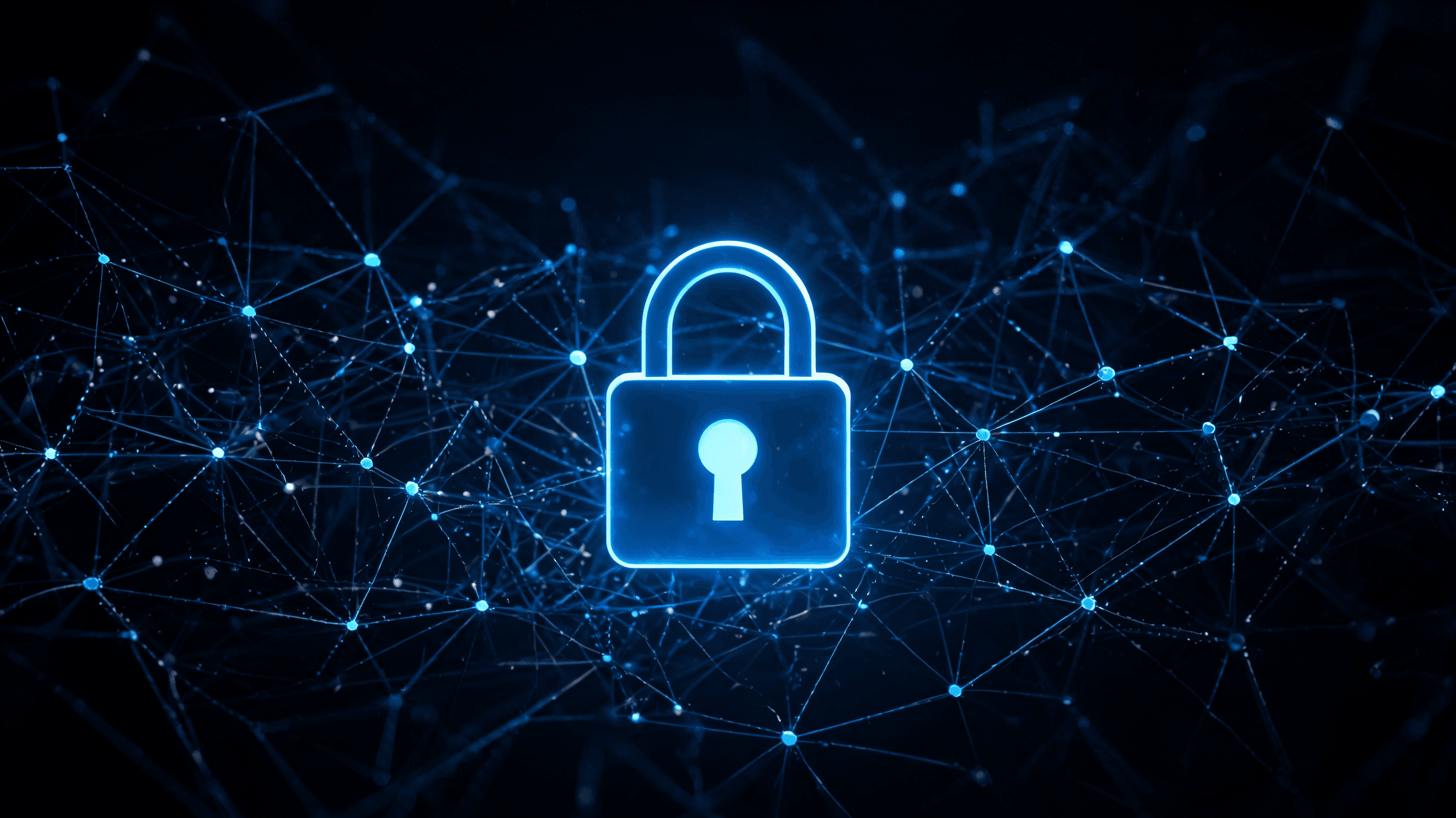 A dark digital security dashboard with a glowing blue digital lock icon over a complex abstract neur