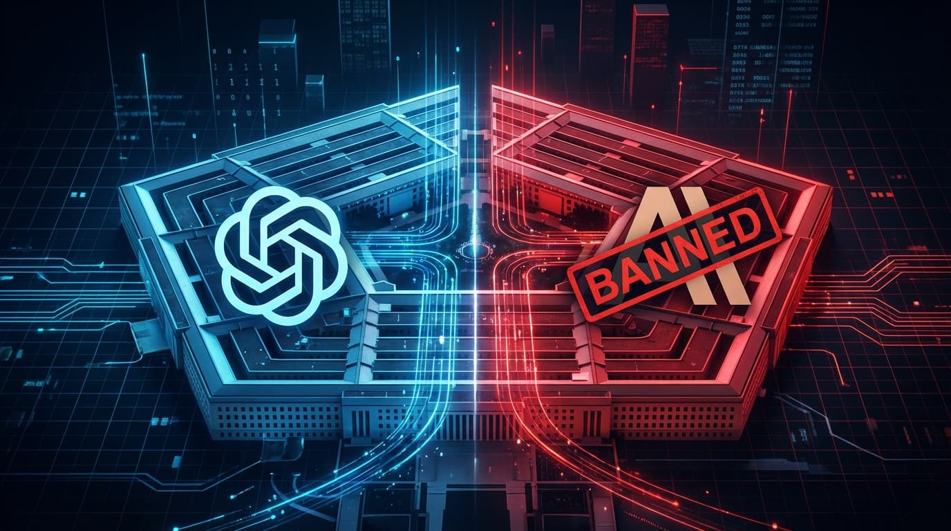 A futuristic depiction of the Pentagon building split in two, with one side glowing with OpenAI's bl