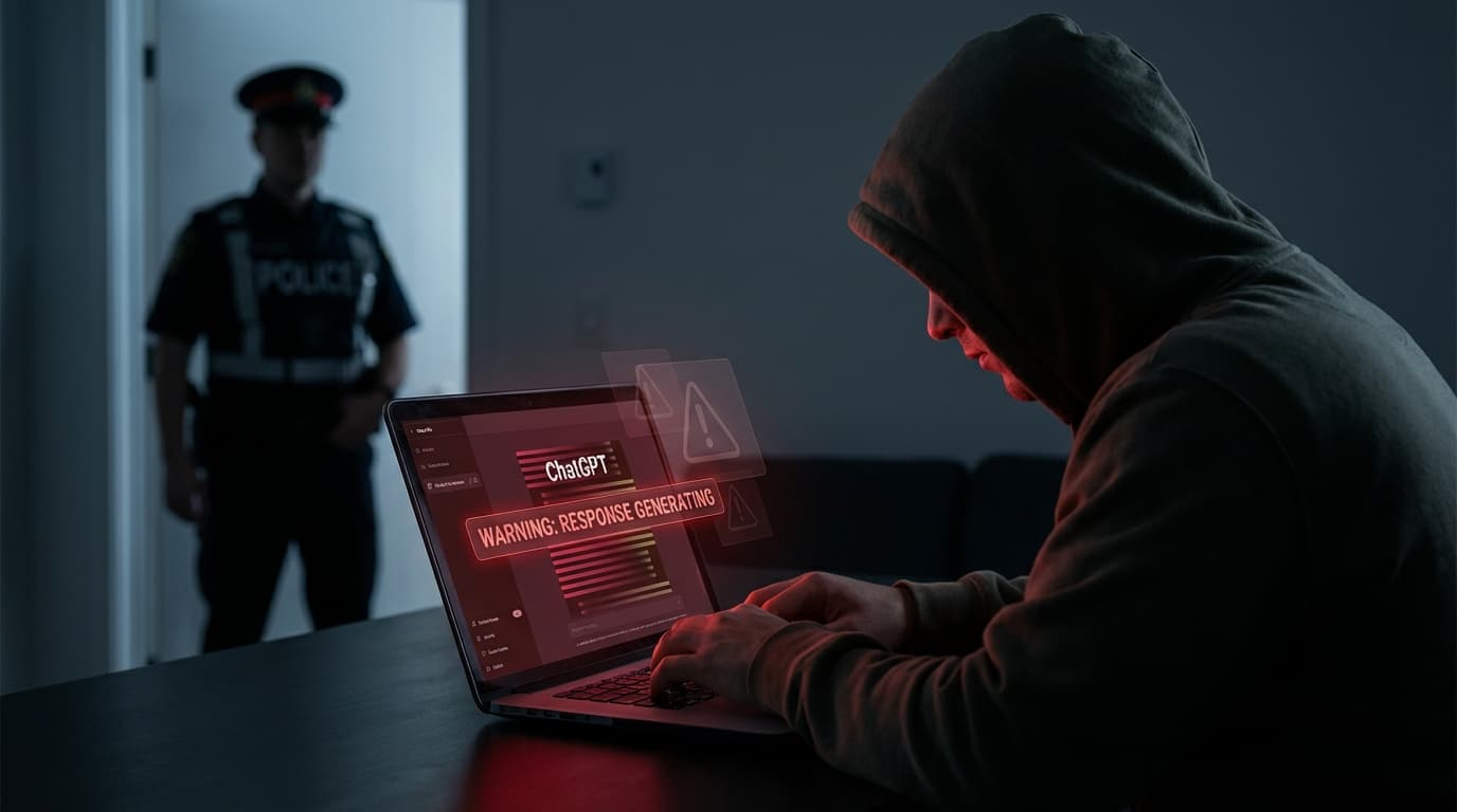 A person sitting in a dark room illuminated only by a laptop screen showing a ChatGPT interface. The