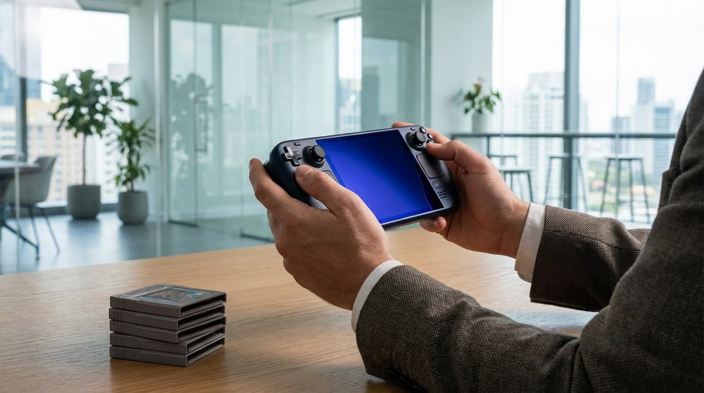 A high-end, magnesium-alloy handheld gaming device with a glowing sapphire screen, held by a man in