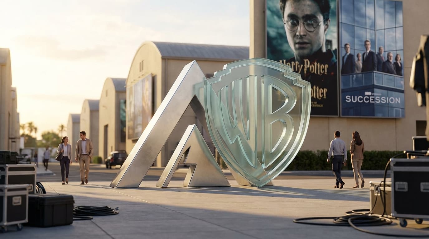 A cinematic montage of the Paramount mountain logo merging with the Warner Bros. shield, with poster