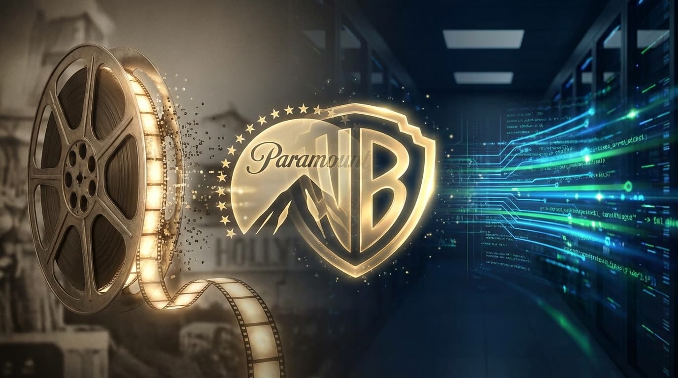 A digital split screen: on one side, a classic Hollywood film reel, and on the other, a high-tech da