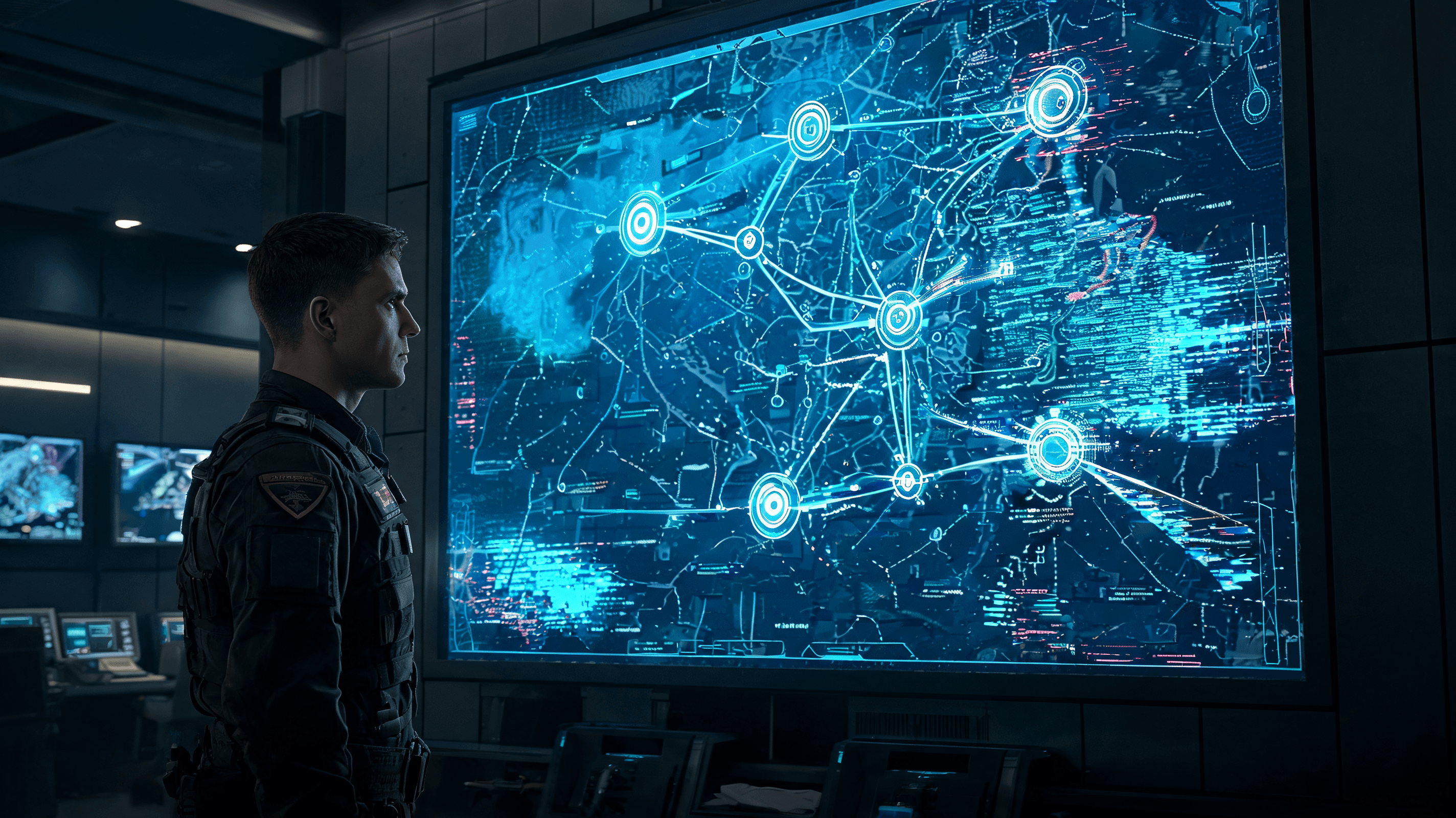 A tactical battlefield command center screen displaying glowing AI-generated strategic nodes, with a