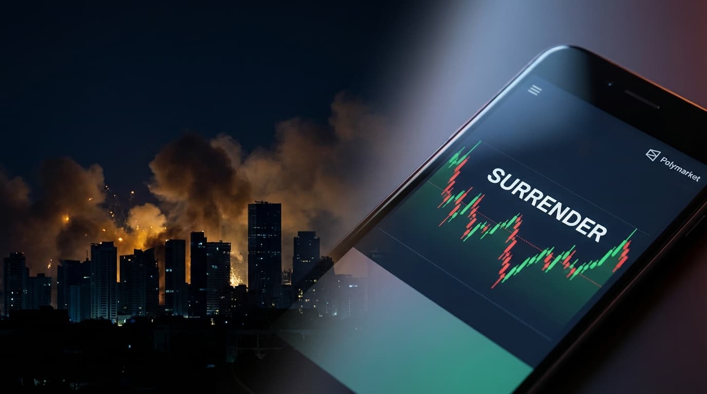 A dual-exposure image showing a dark city skyline illuminated by explosions on one side, and a glowi