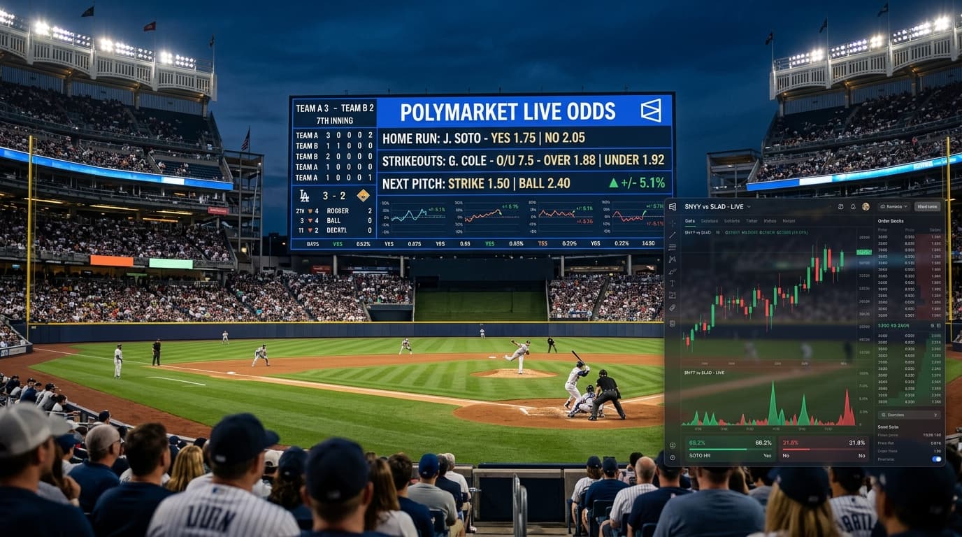 A professional baseball stadium scoreboard showing both the game score and the fluctuating Polymarke