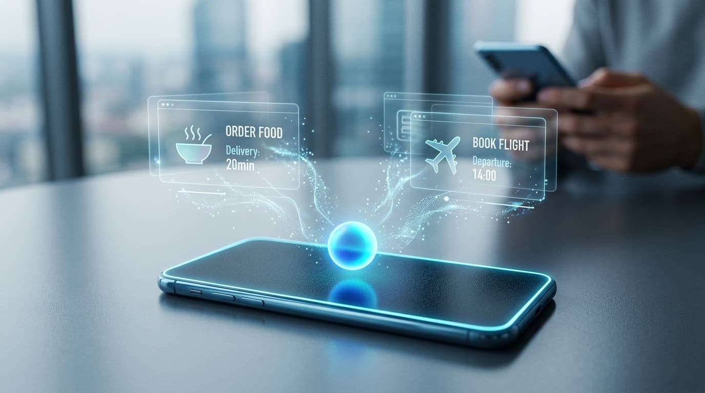 A futuristic smartphone with a minimalist glowing orb on the screen instead of app icons, with wispy