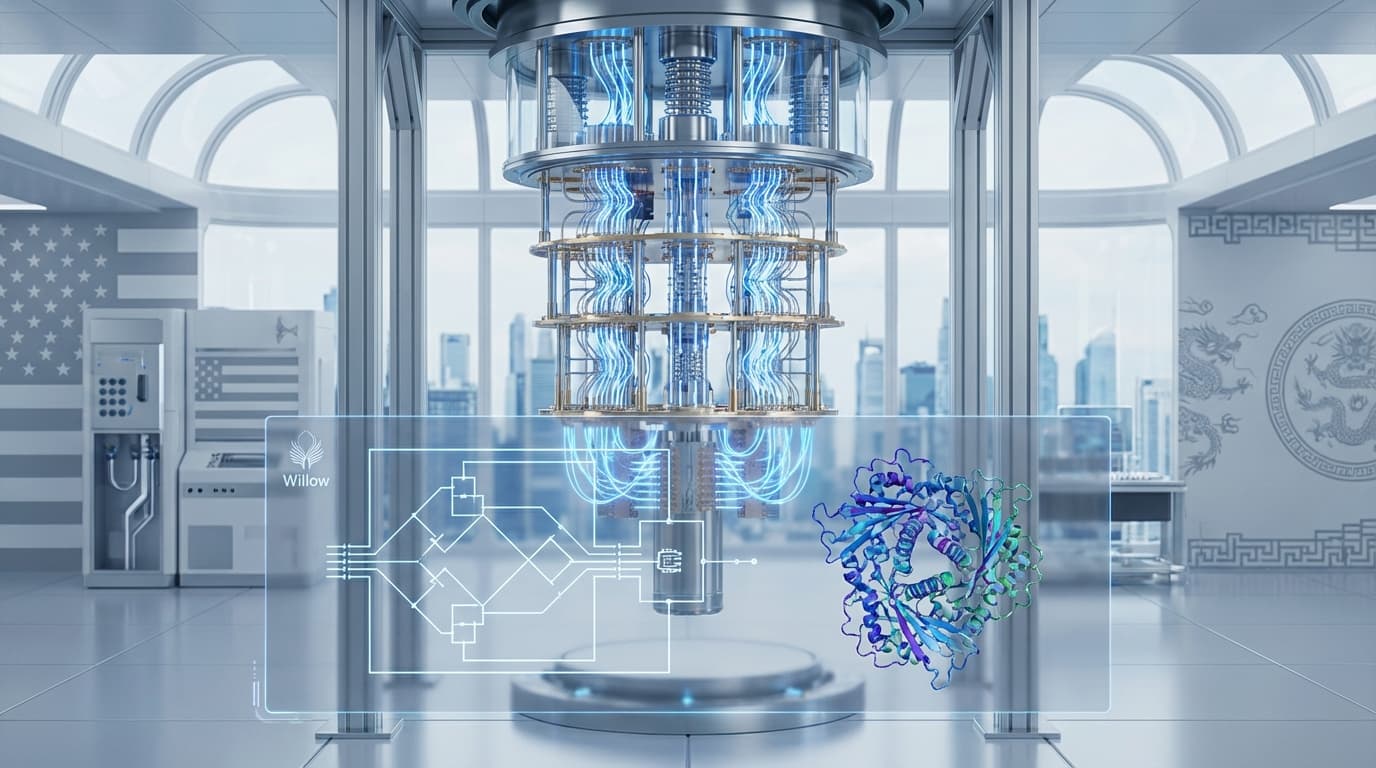 A high-tech cinematic visualization of a modular quantum dilution refrigerator with glowing blue sup