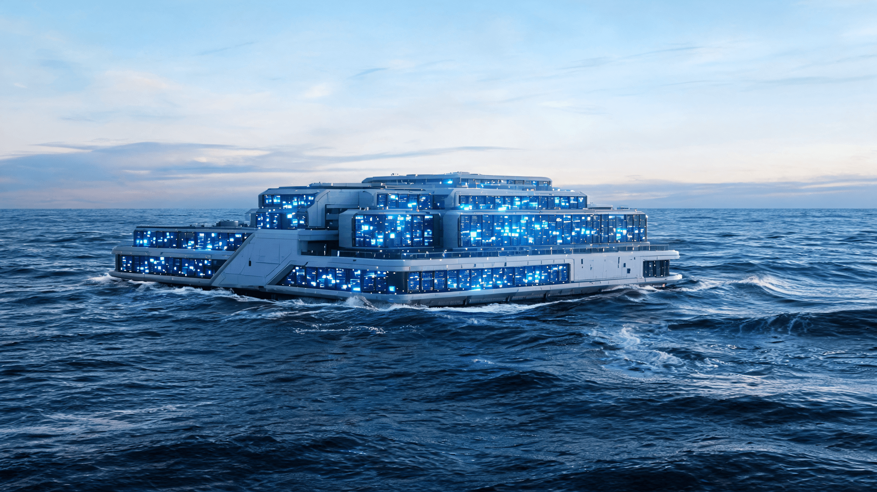 A futuristic data center floating on the ocean with glowing blue nodes, waves in the background, hig