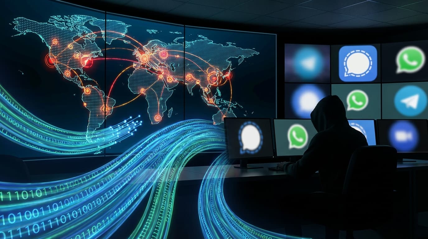 A digital map of the world with glowing red and orange nodes representing cyberattacks. Abstract str