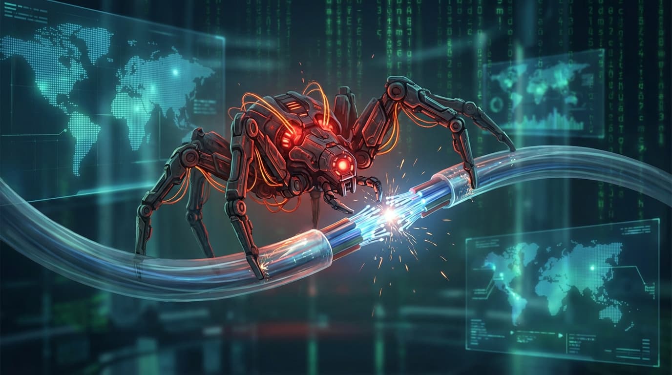 A dark, atmospheric digital art piece showing a massive fiber optic cable being spliced by a glowing