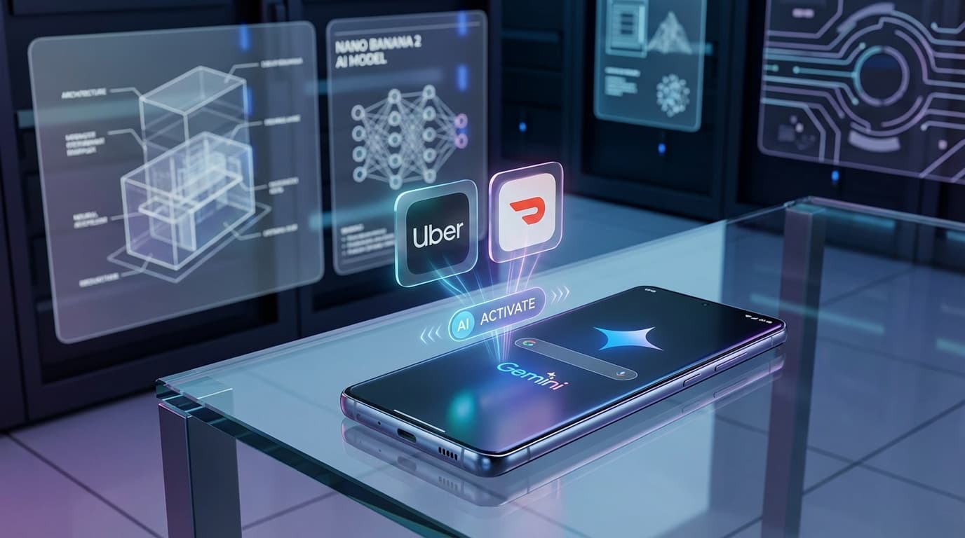 A sleek Samsung Galaxy S26 smartphone displaying the Google Gemini interface, with a translucent ove