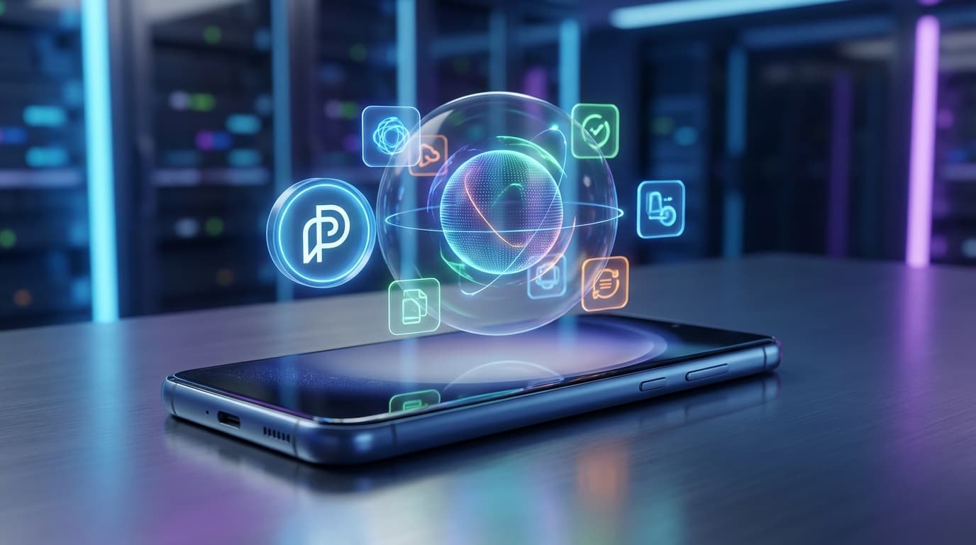 A futuristic Samsung Galaxy S26 smartphone displaying a holographic interface where multiple colorfu