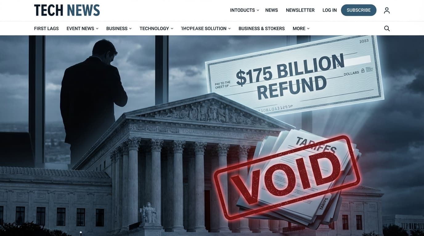 The US Supreme Court building with a large red 'VOID' stamp across a stacks of tariff documents. Beh