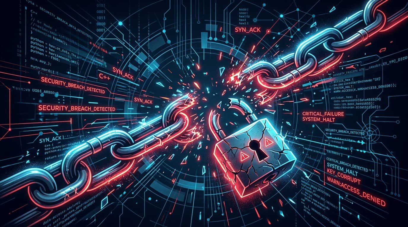A graphic illustration of a broken digital chain with a security padlock falling apart, code snippet