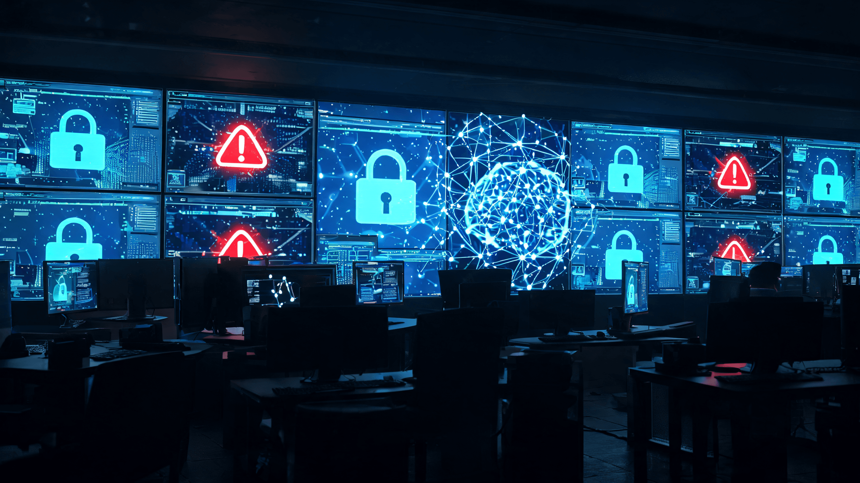 A dark, atmospheric, high-tech security operations center with glowing digital locks and warning ico