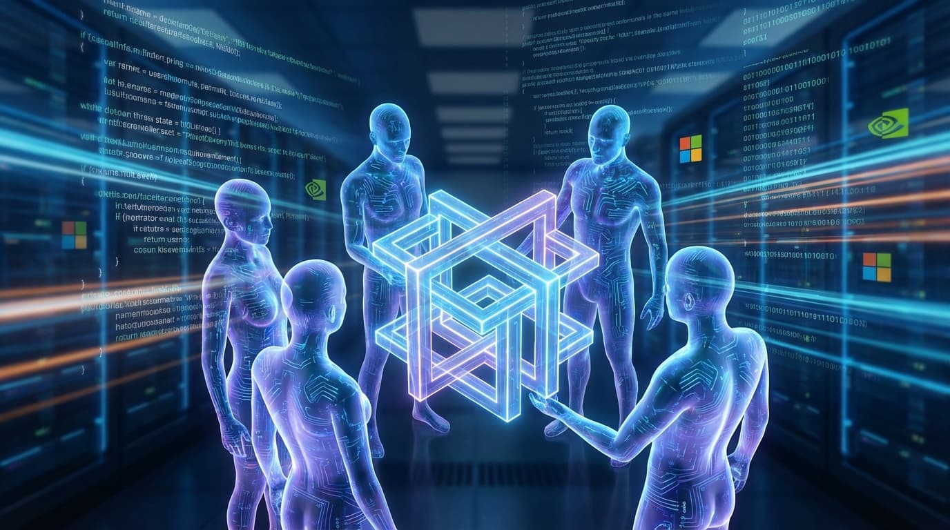 A highly detailed digital illustration of multiple interconnected AI agents represented as glowing h