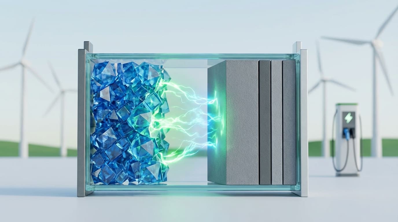 A macro shot of a next-generation battery cell, with one half representing a sodium-ion structure (b