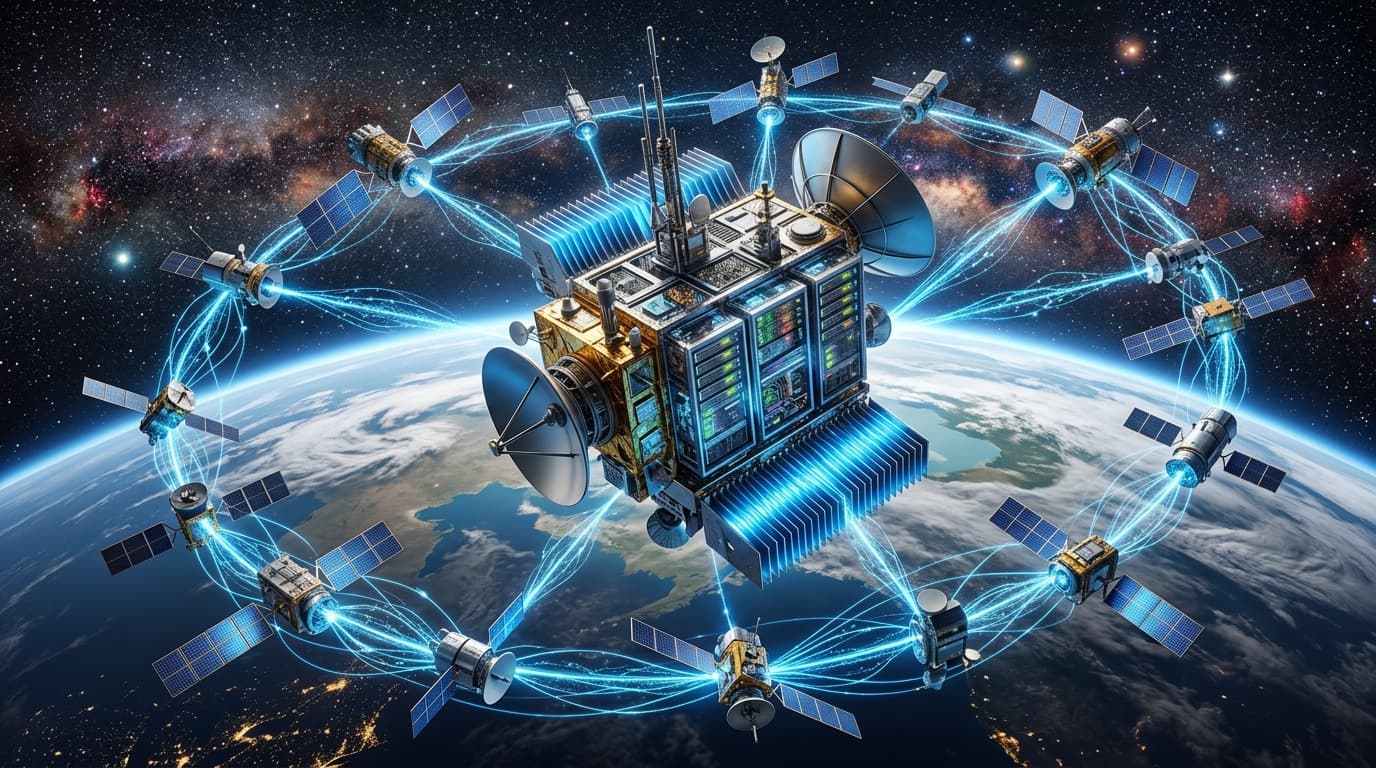 A cluster of high-tech satellites orbiting Earth, with glowing blue data streams connecting them lik