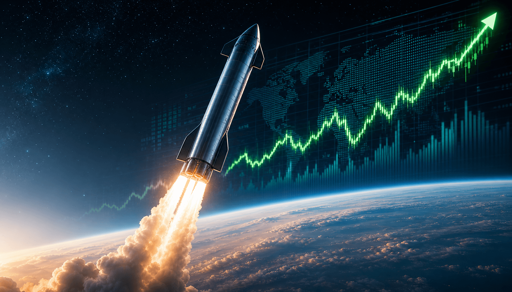 A futuristic digital illustration of a SpaceX Starship rocket ascending into space, with a glowing s
