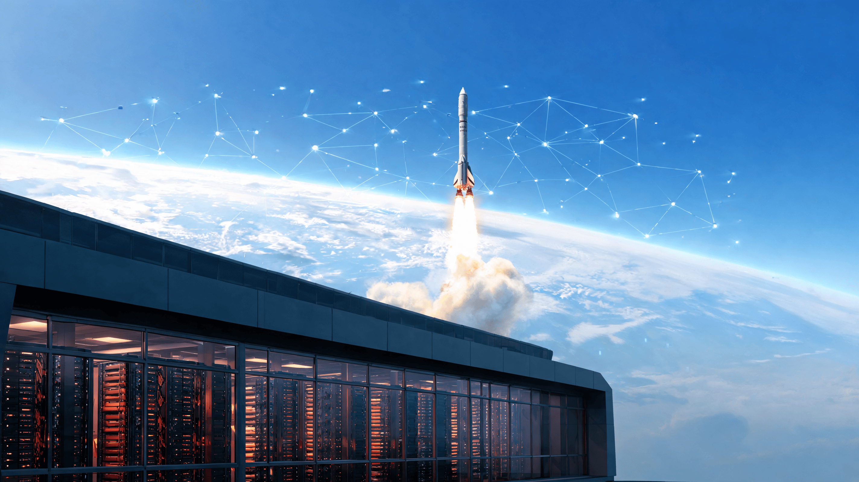A cinematic shot of a SpaceX Falcon 9 rocket launching into a clear blue sky, with a digital overlay